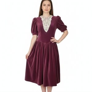 Vintage Gunne Sax Jessica McClintock Dress Size Small Purple Velvet Lace